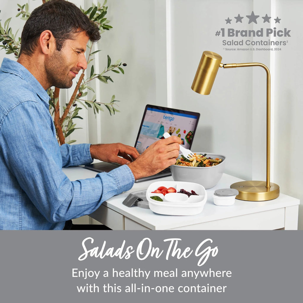 Salad Container - 6.75 Cup Bowl with 4-Compartment Toppings Tray, Leak-Proof Dressing Container, Reusable Fork, Bpa-Free Lunch Box for Meal Prep & Food Storage; Removable Bento Tray (Gray)