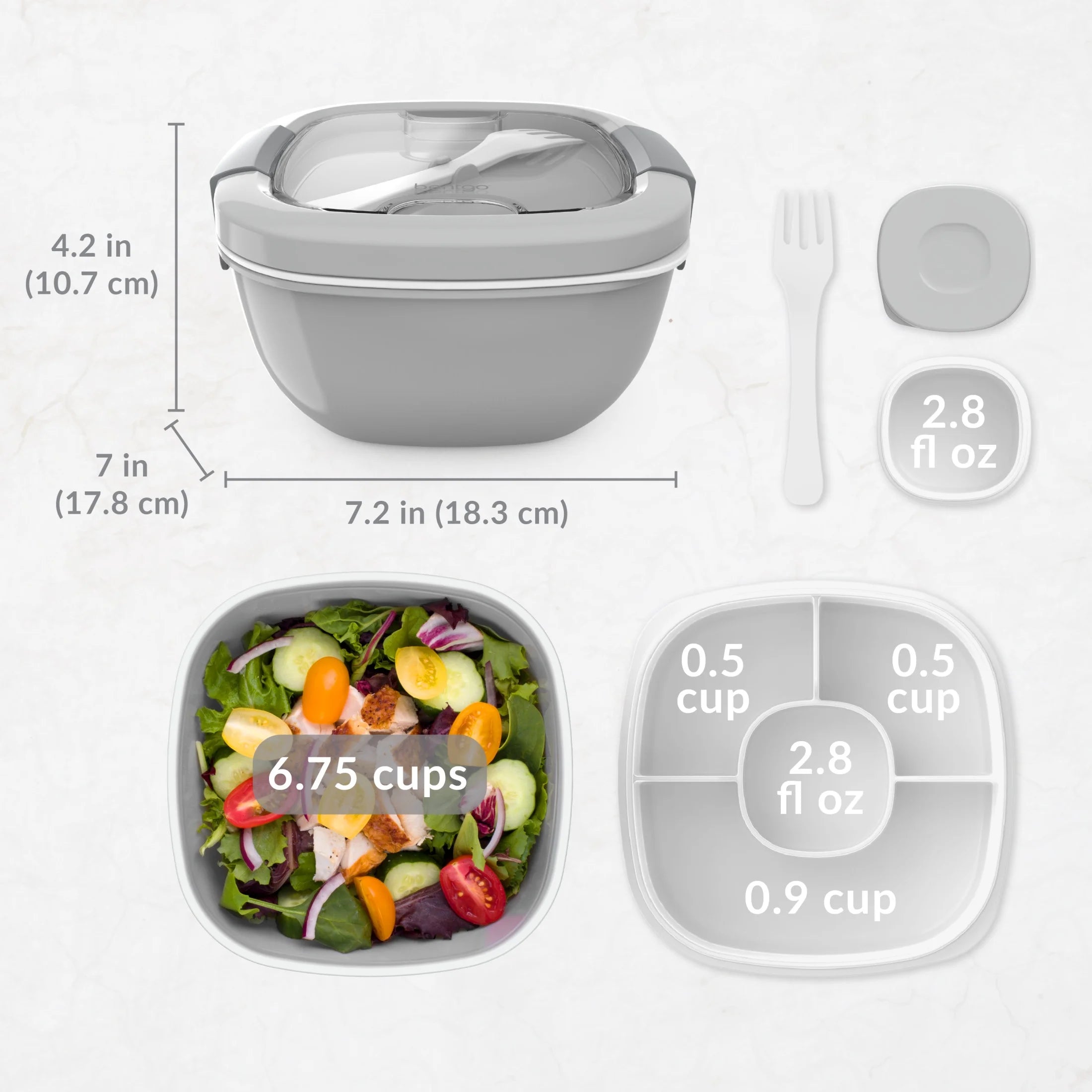 Salad Container - 6.75 Cup Bowl with 4-Compartment Toppings Tray, Leak-Proof Dressing Container, Reusable Fork, Bpa-Free Lunch Box for Meal Prep & Food Storage; Removable Bento Tray (Gray)