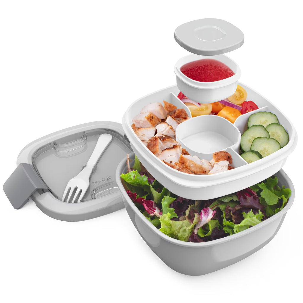 Salad Container - 6.75 Cup Bowl with 4-Compartment Toppings Tray, Leak-Proof Dressing Container, Reusable Fork, Bpa-Free Lunch Box for Meal Prep & Food Storage; Removable Bento Tray (Gray)